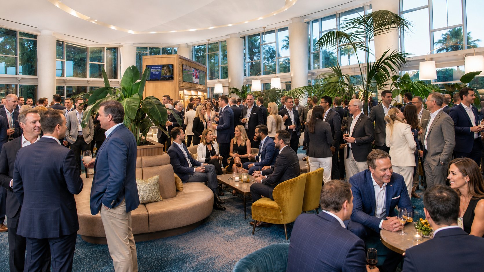 Professionally dressed attendees conversing at an upscale rooftop networking reception