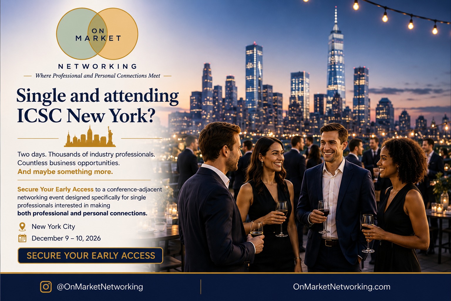 Rooftop networking reception with the Manhattan skyline